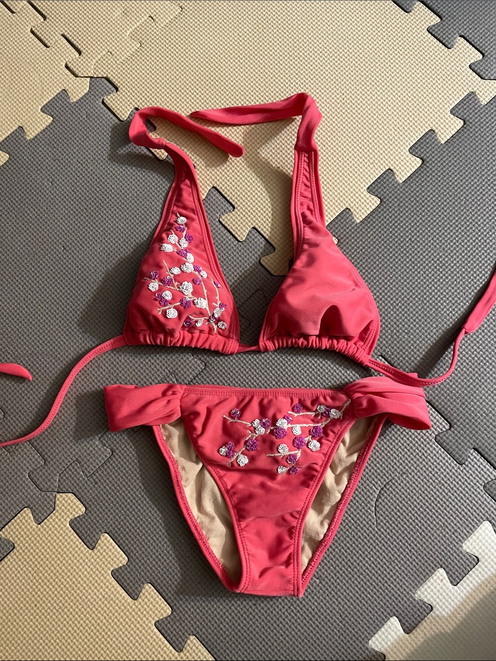 Embroidered Pink Halter Tie Bikini Set